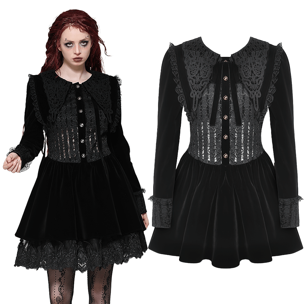Gothic Black Lace Velvet Dress with Button Details