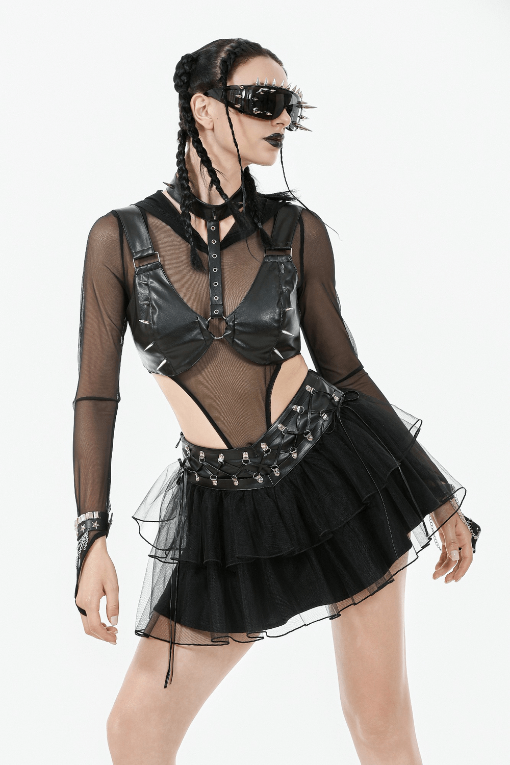 Gothic Black Layered Tulle Mini Skirt with Harness Detail