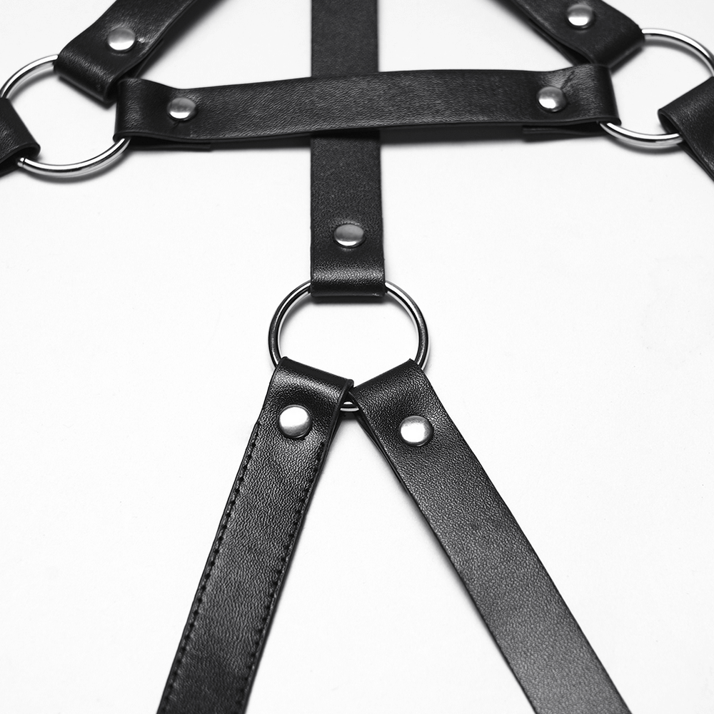 Gothic Black Leather Punk Leg Harness with Skull Rivets