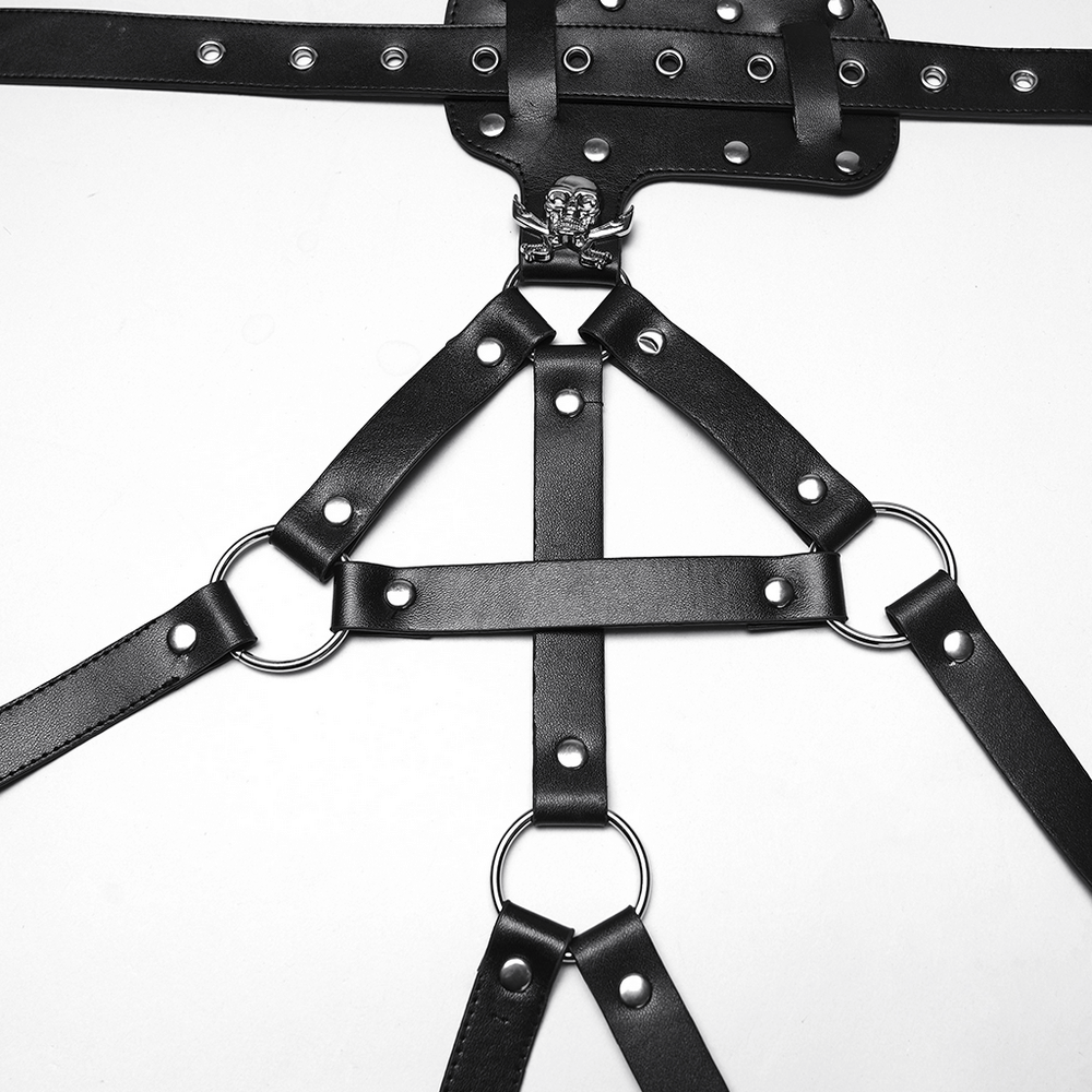 Gothic Black Leather Punk Leg Harness with Skull Rivets