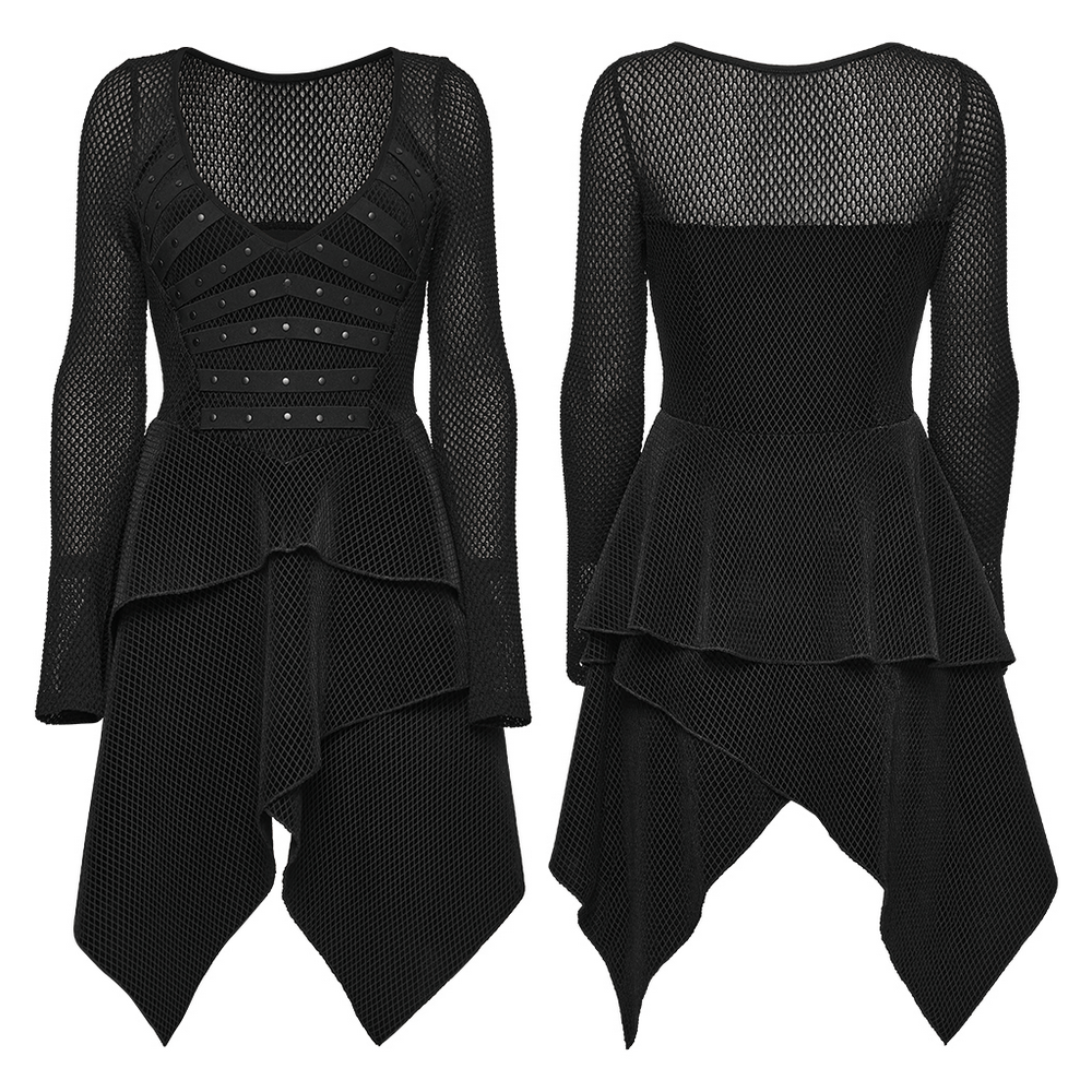 Gothic Black Mesh Dress with Rivet Waist and Layered Hem