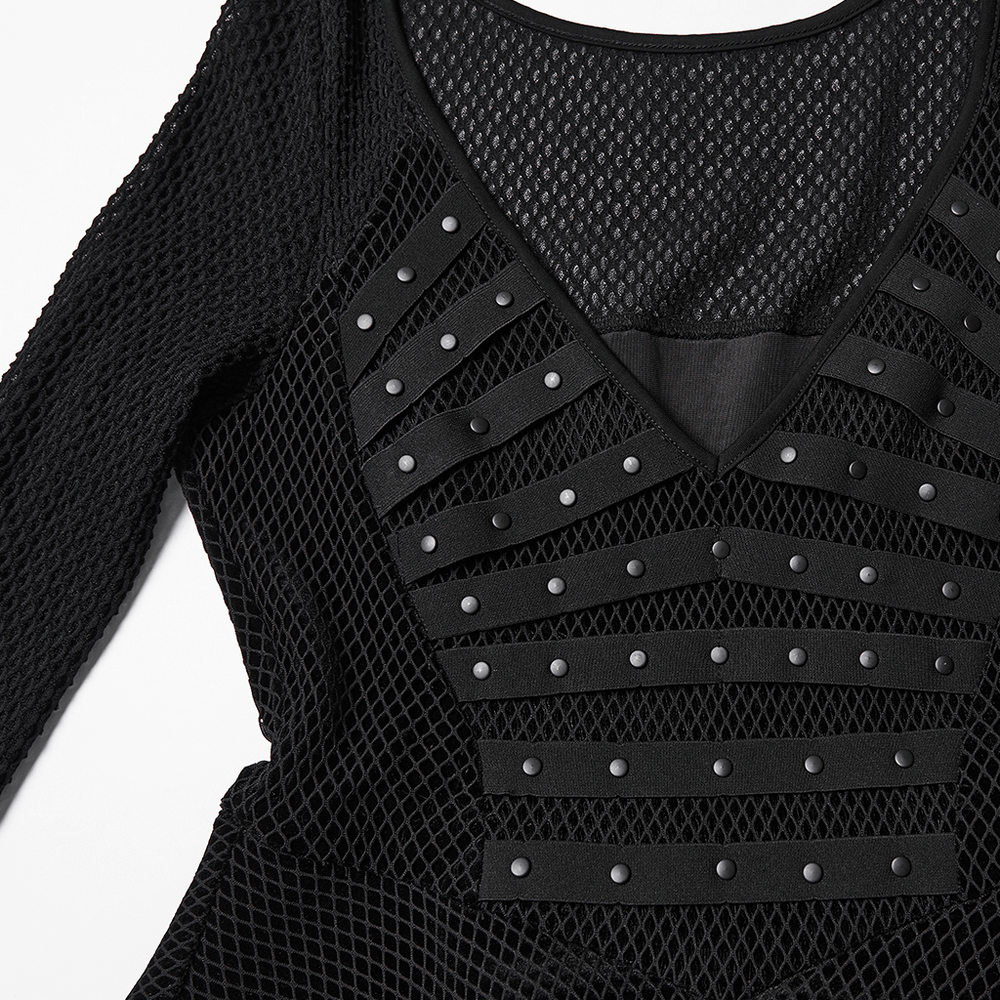 Gothic Black Mesh Dress with Rivet Waist and Layered Hem