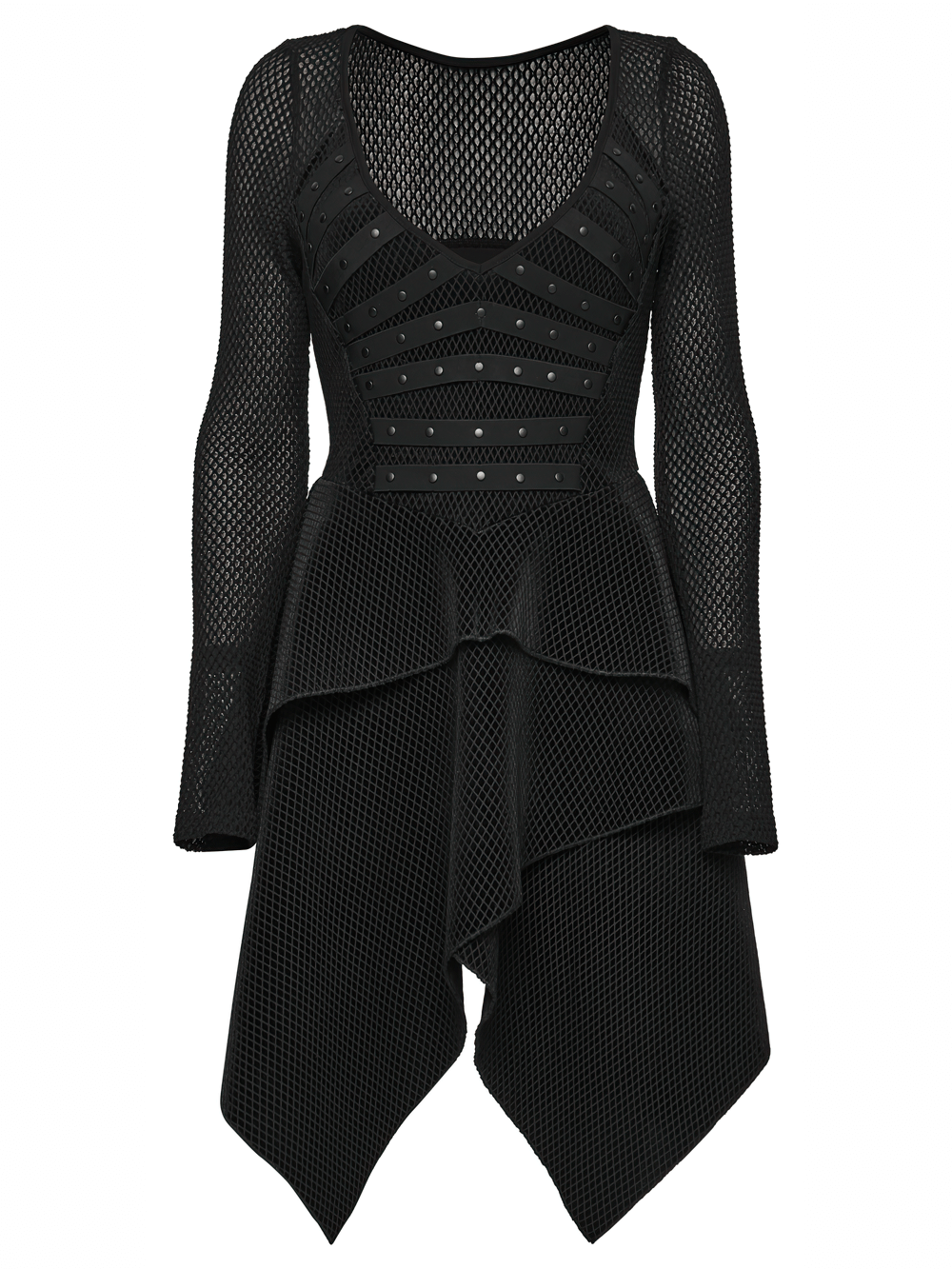 Gothic Black Mesh Dress with Rivet Waist and Layered Hem