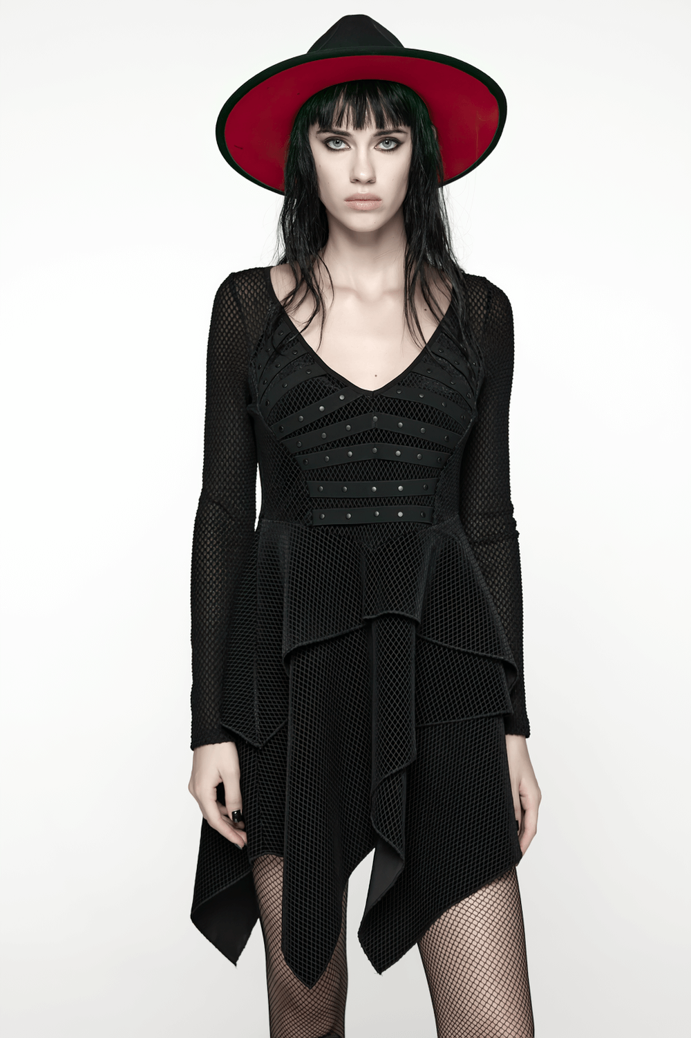 Gothic Black Mesh Dress with Rivet Waist and Layered Hem