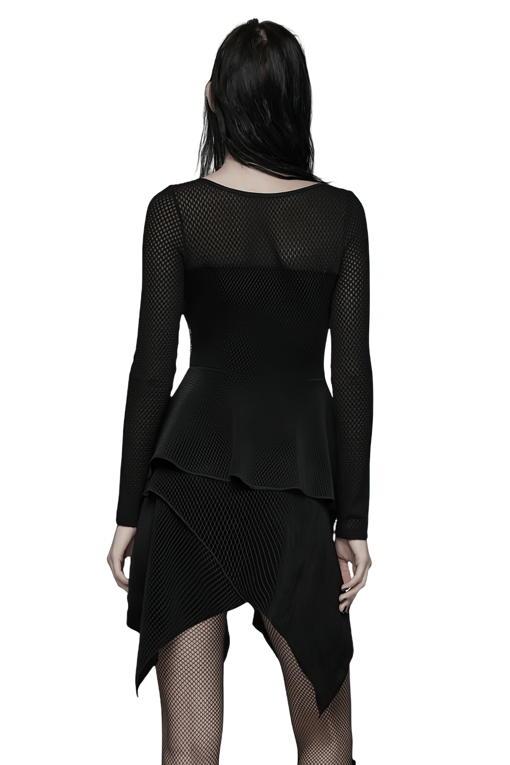 Gothic Black Mesh Dress with Rivet Waist and Layered Hem