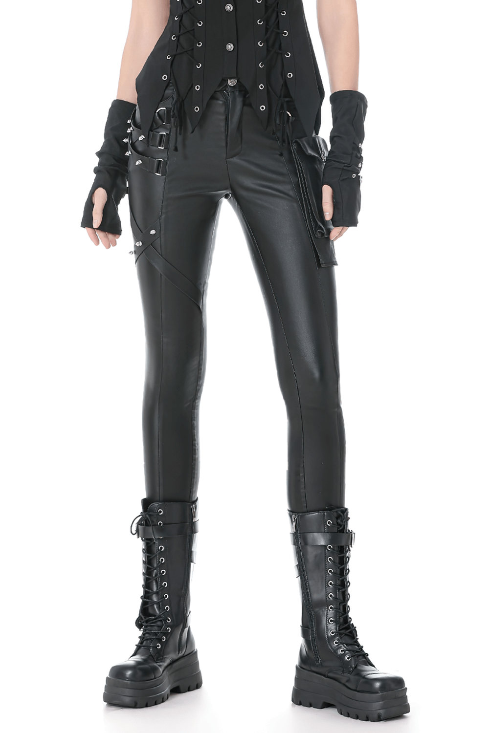 Gothic Black Pants with Buckle Detail and Side Pocket