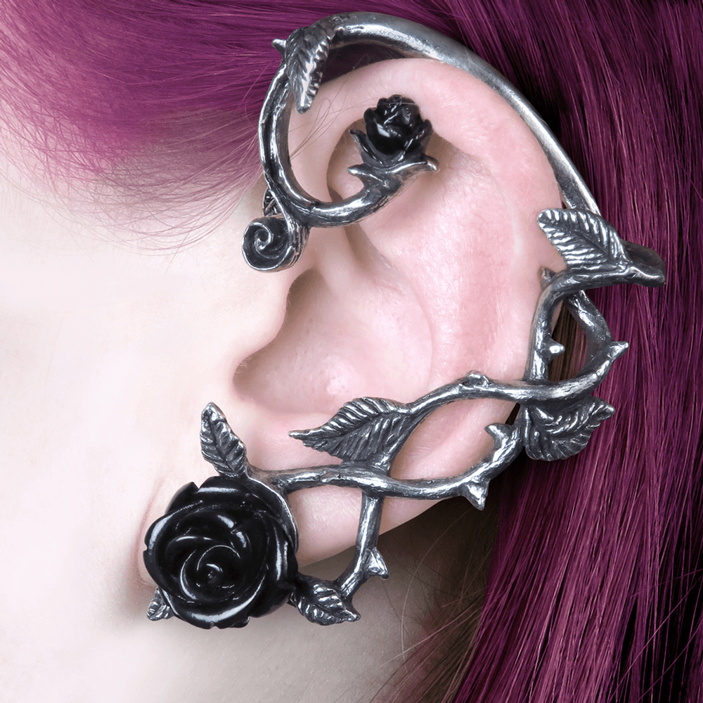 Gothic Black Rose Ear Wrap with Resin Rose Accent