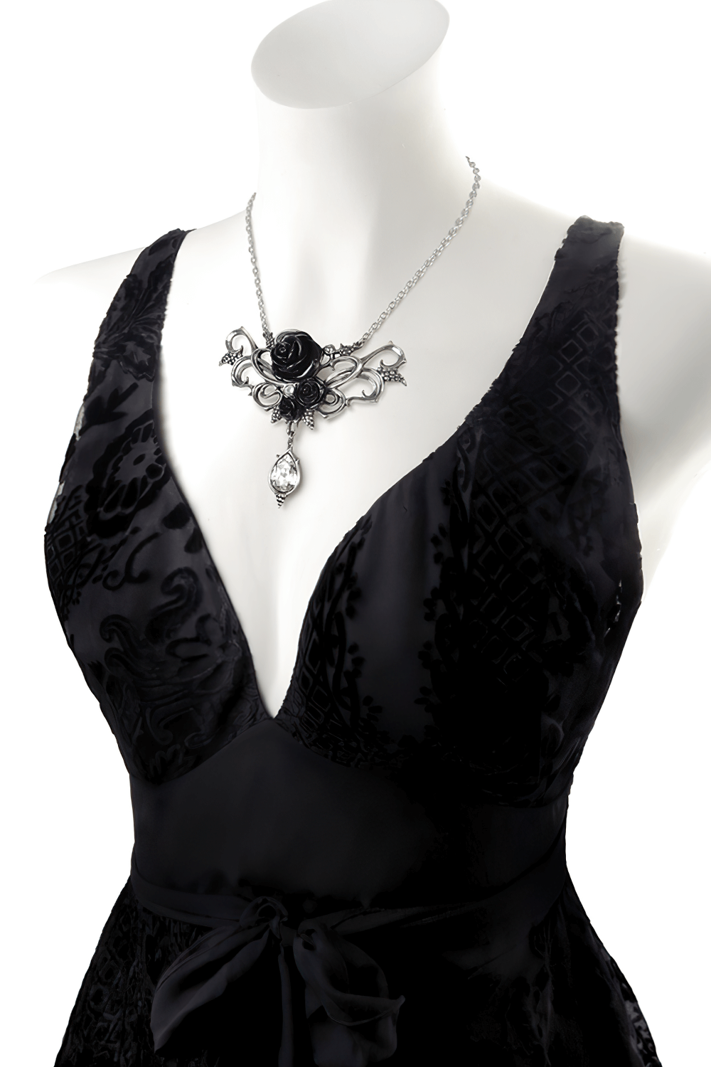 Gothic Black Rose Necklace with Teardrop Crystal Charm