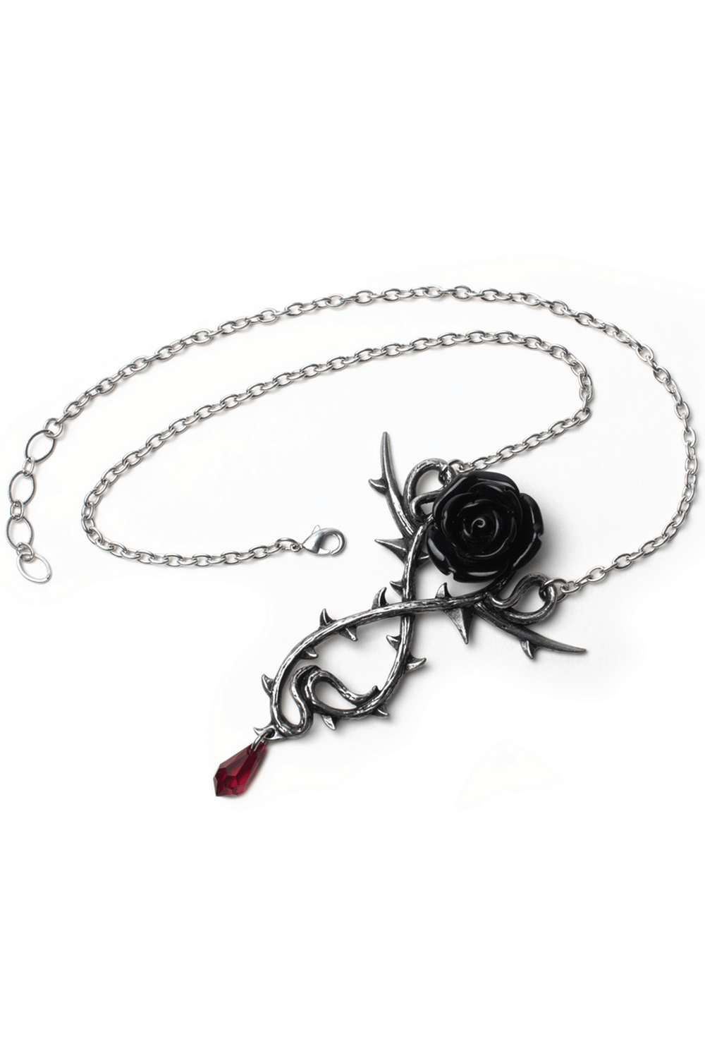 Gothic Black Rose Necklace with Thorns and Red Crystal Drop