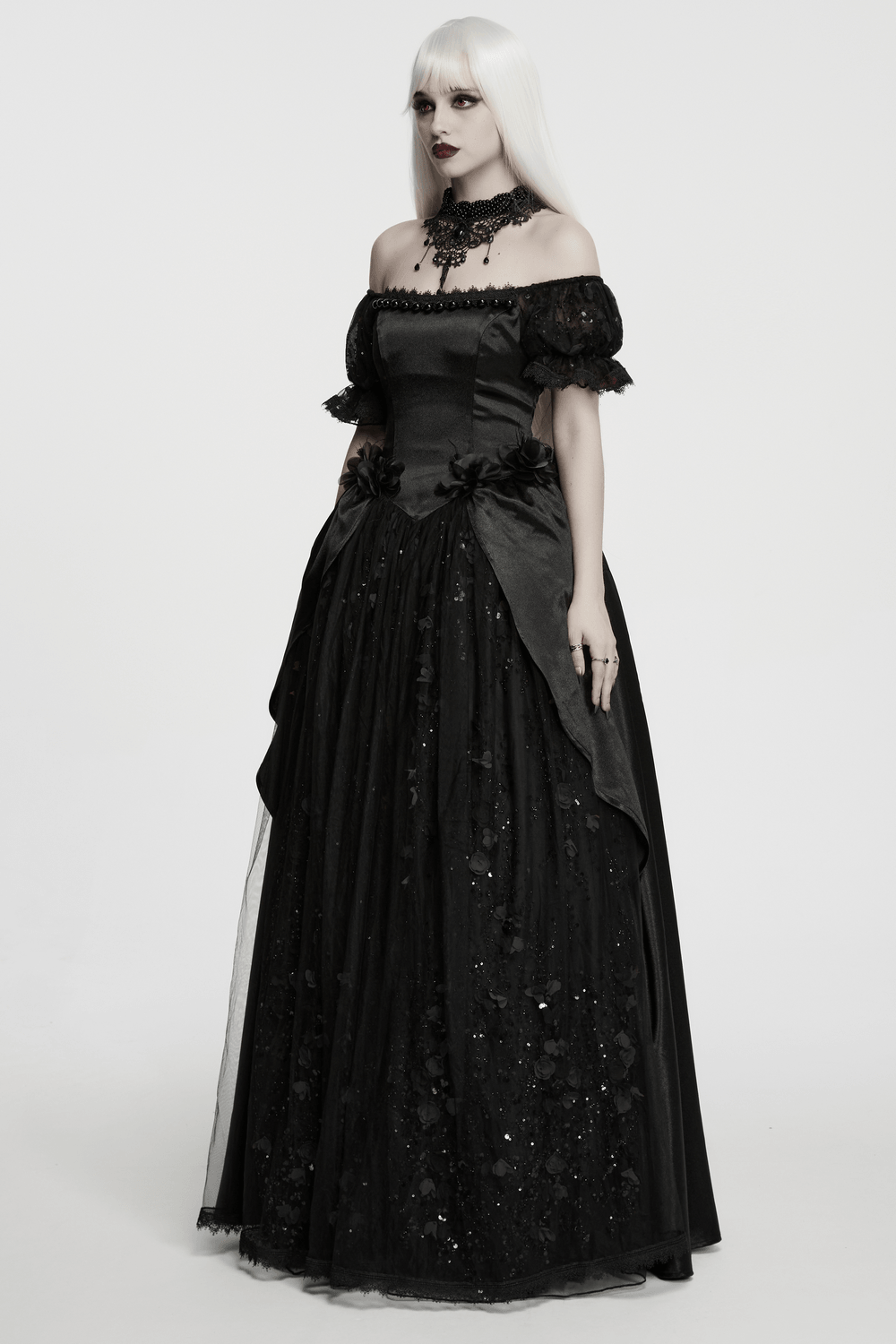 Gothic Black Rose Satin Lace Maxi Evening Dress
