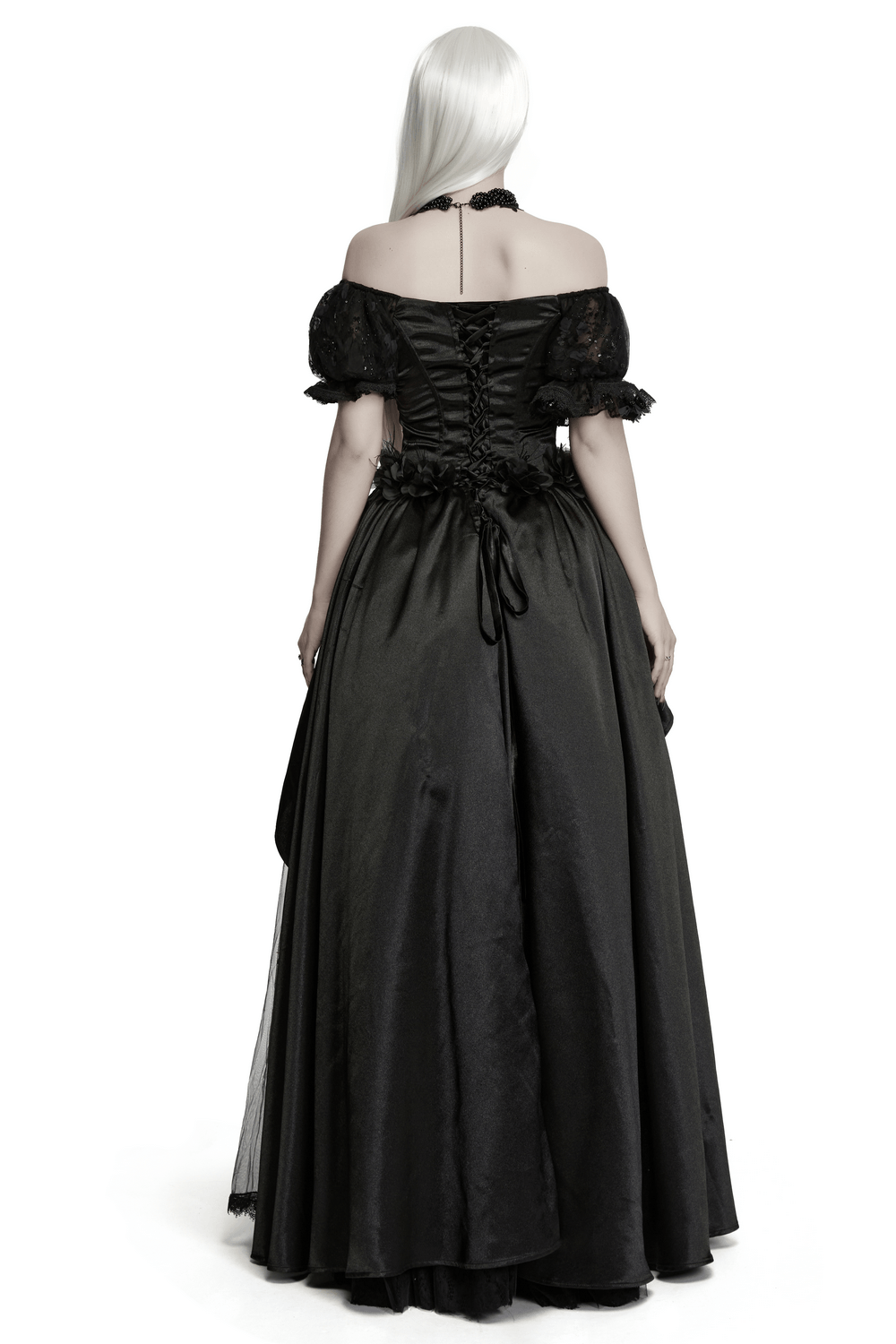 Gothic Black Rose Satin Lace Maxi Evening Dress