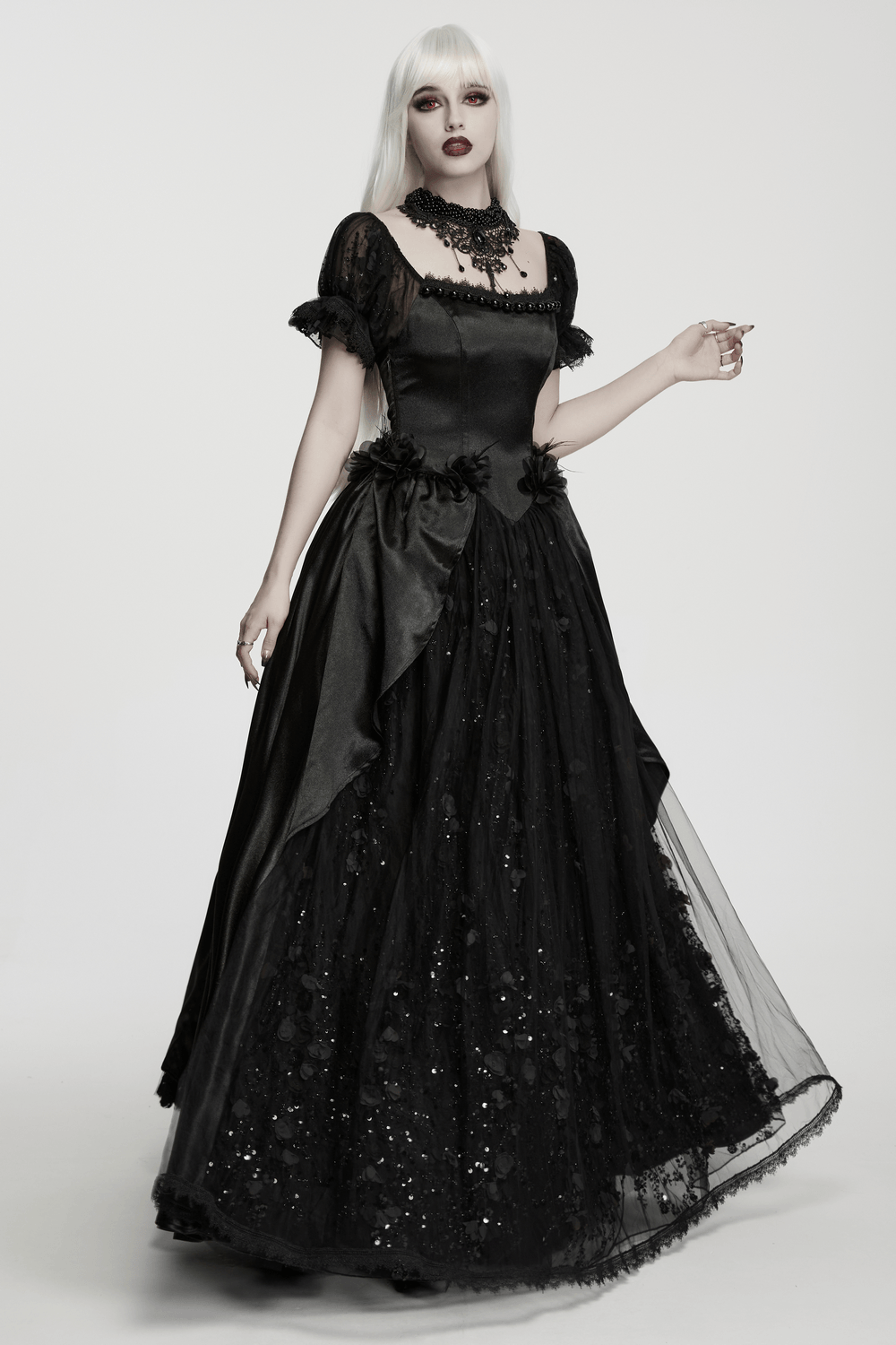 Gothic Black Rose Satin Lace Maxi Evening Dress