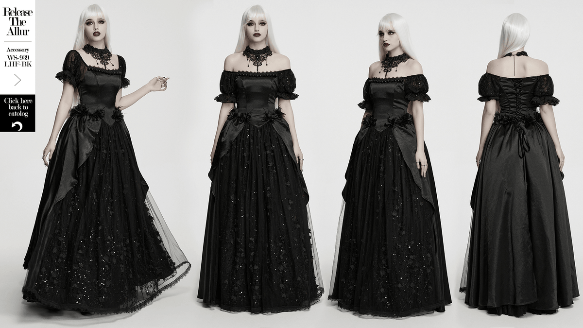Gothic Black Rose Satin Lace Maxi Evening Dress