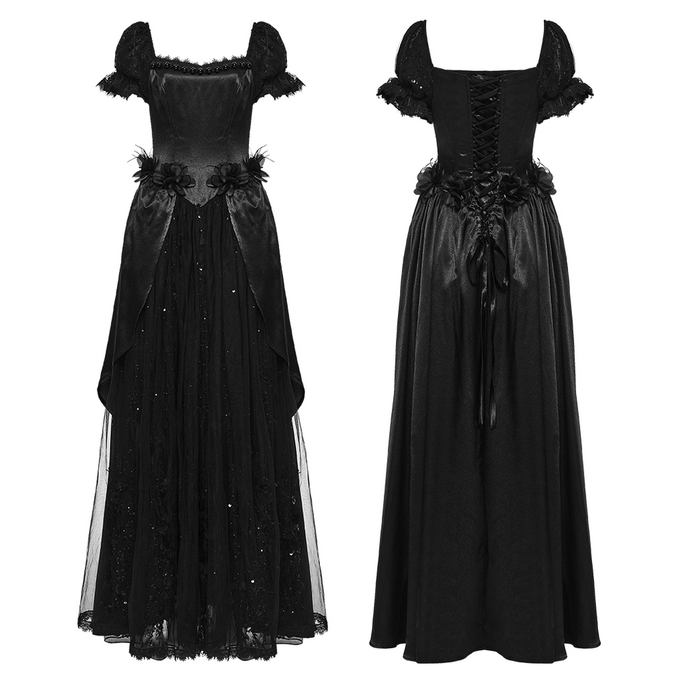Gothic Black Rose Satin Lace Maxi Evening Dress