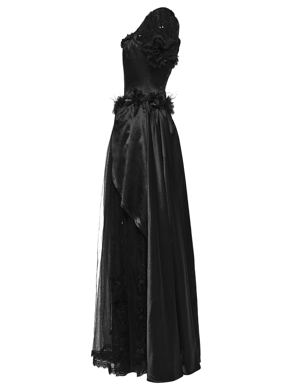 Gothic Black Rose Satin Lace Maxi Evening Dress