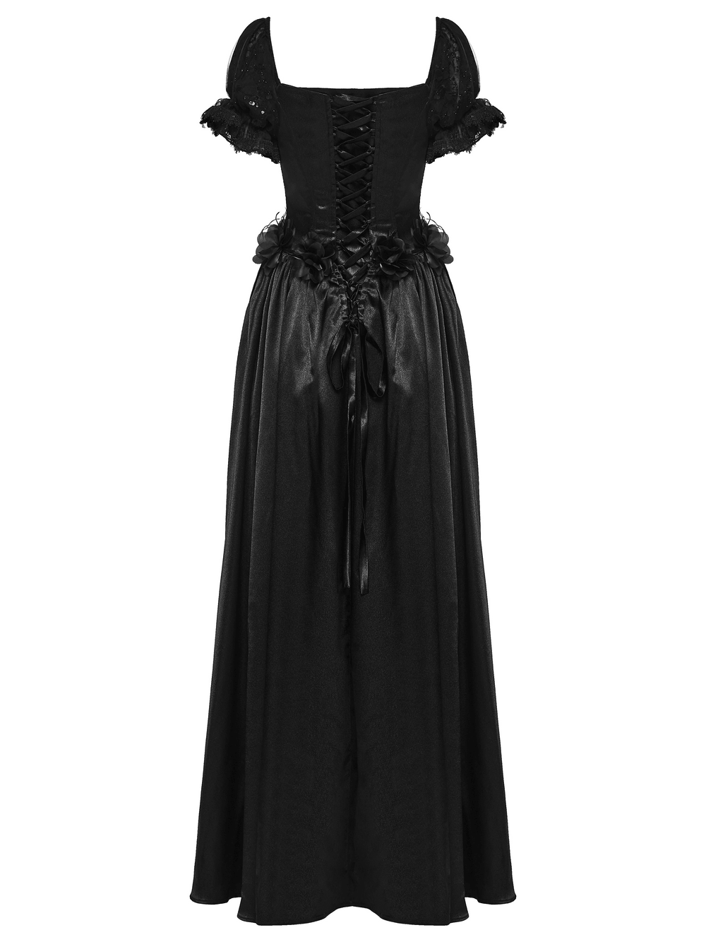 Gothic Black Rose Satin Lace Maxi Evening Dress