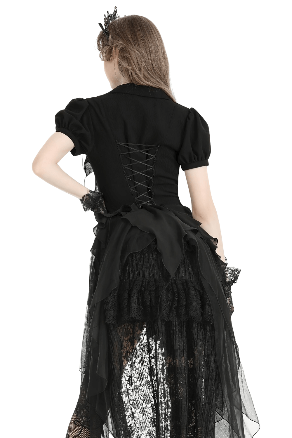 Gothic Black Ruffled Blouse with Corset Lace Back