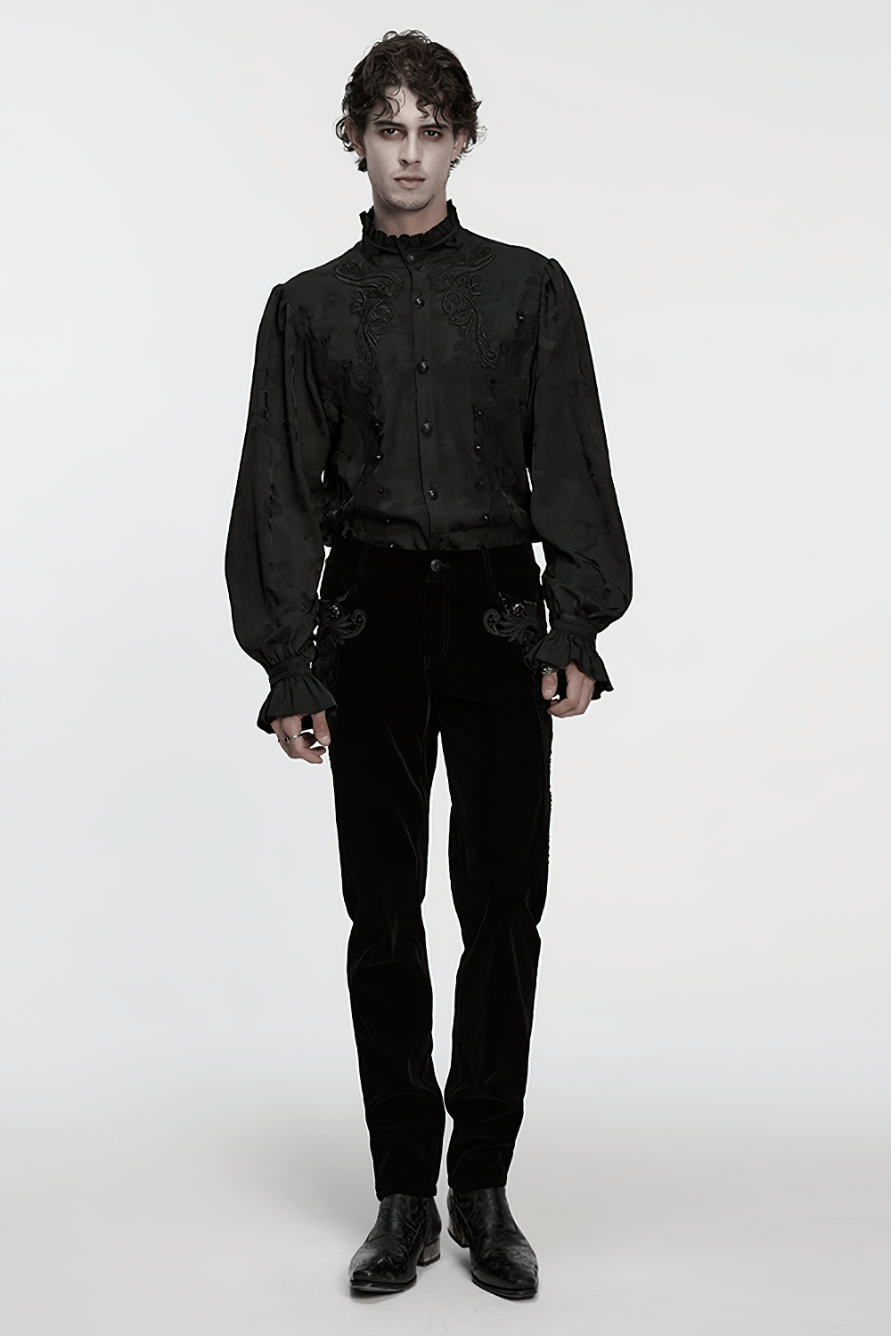 Gothic Black Ruffled Collar Embroidered Long Sleeve Shirt
