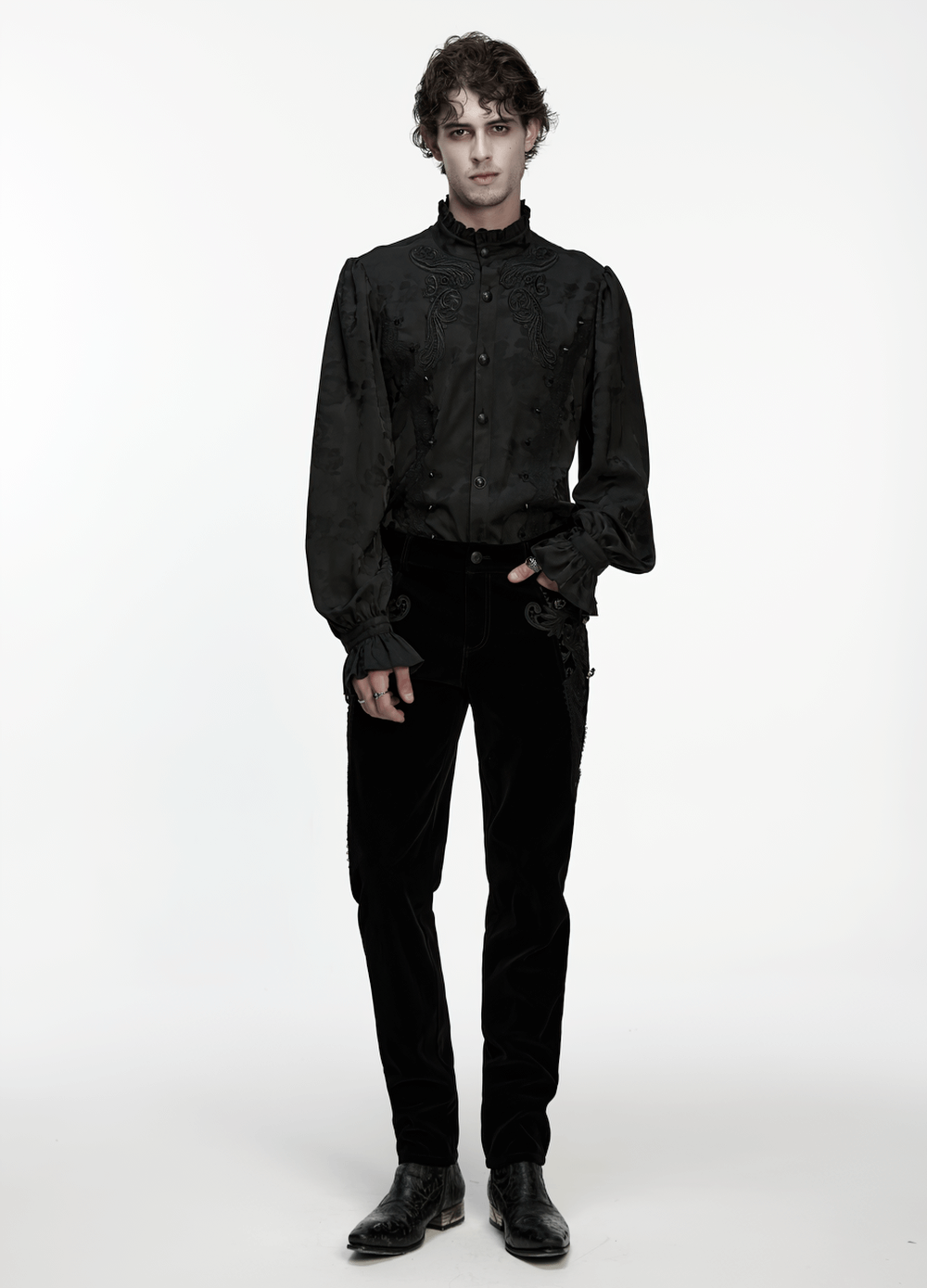 Gothic Black Ruffled Collar Embroidered Long Sleeve Shirt