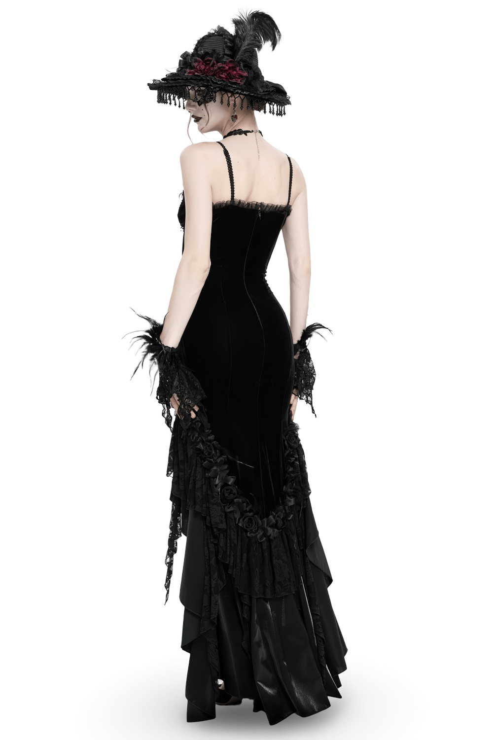 Gothic Black Velvet and Lace High Low Evening Dress