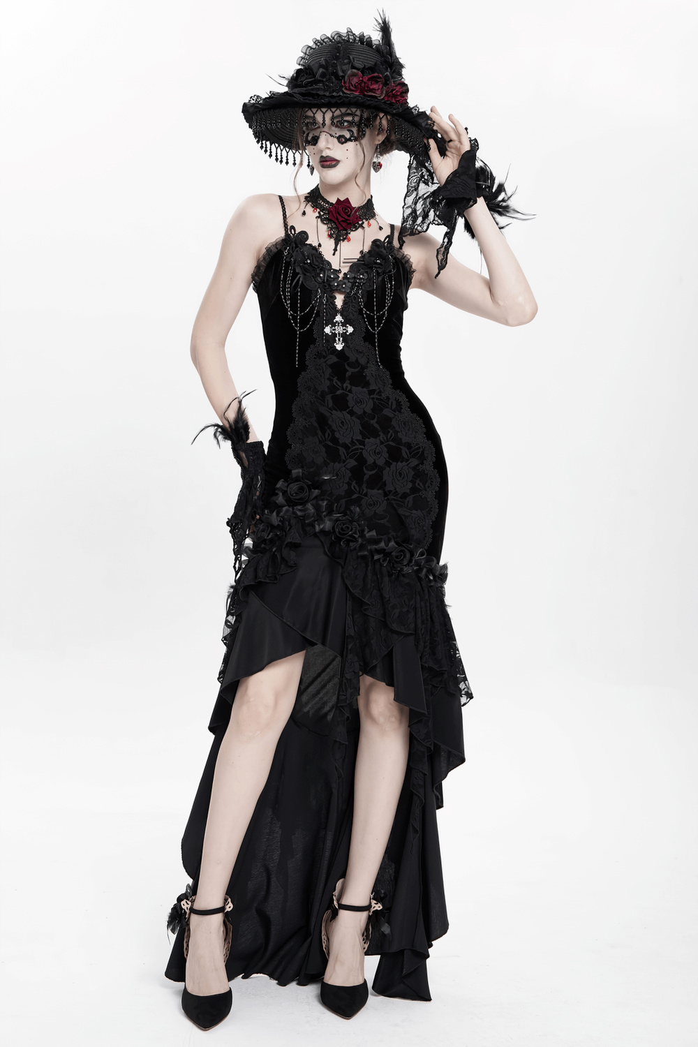 Gothic Black Velvet and Lace High Low Evening Dress