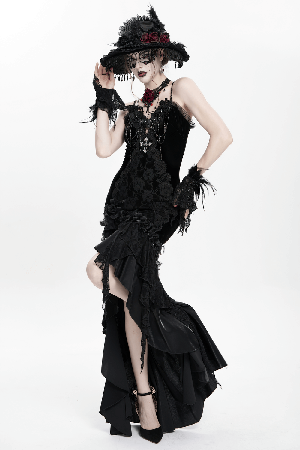 Gothic Black Velvet and Lace High Low Evening Dress
