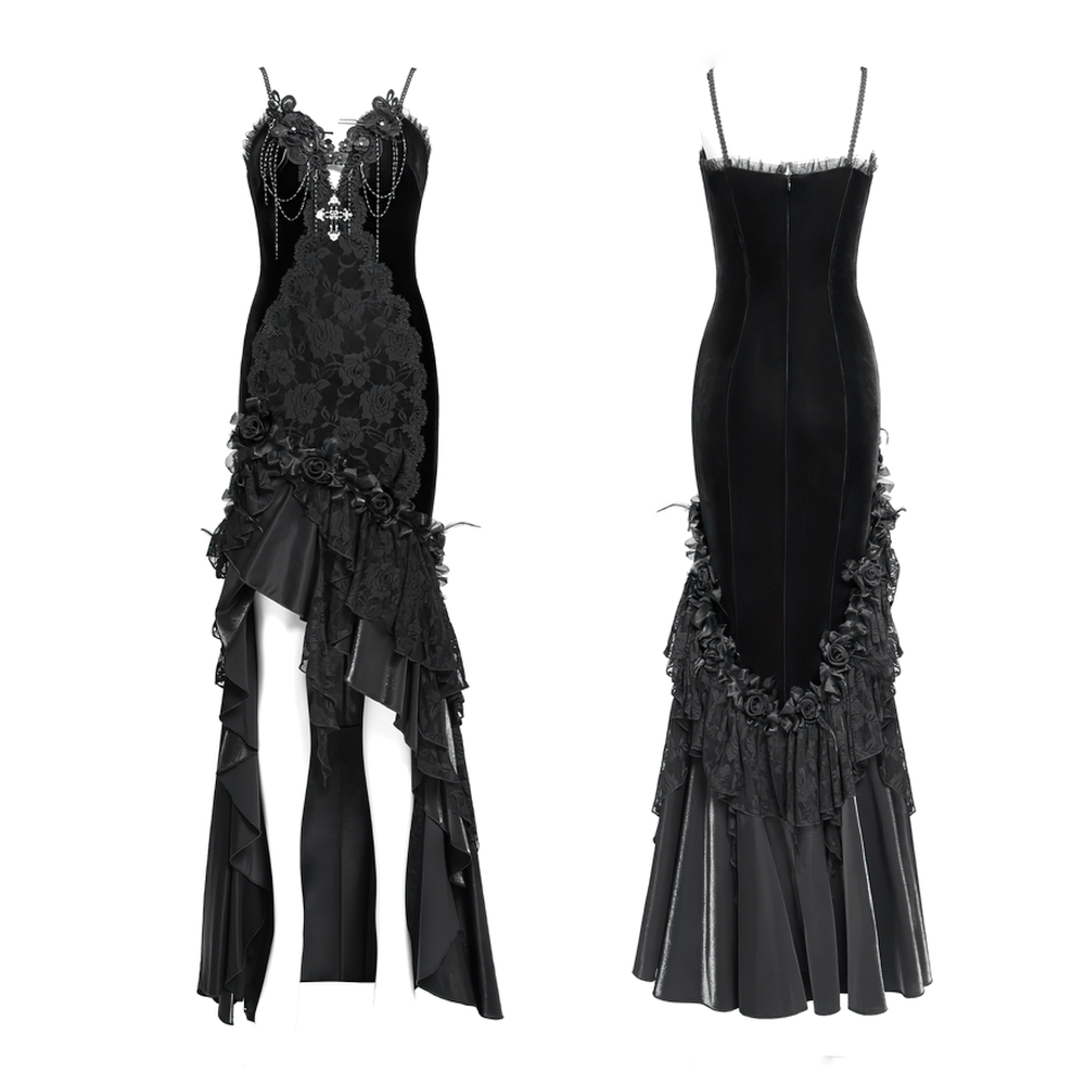 Gothic Black Velvet and Lace High Low Evening Dress