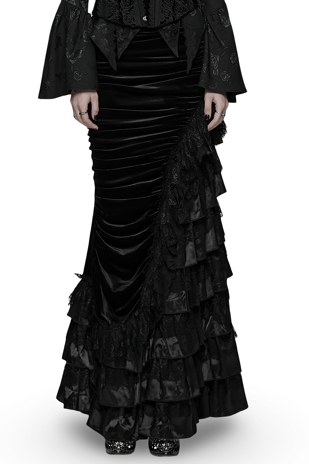 Gothic Black Velvet and Lace Tiered Ruffle Skirt