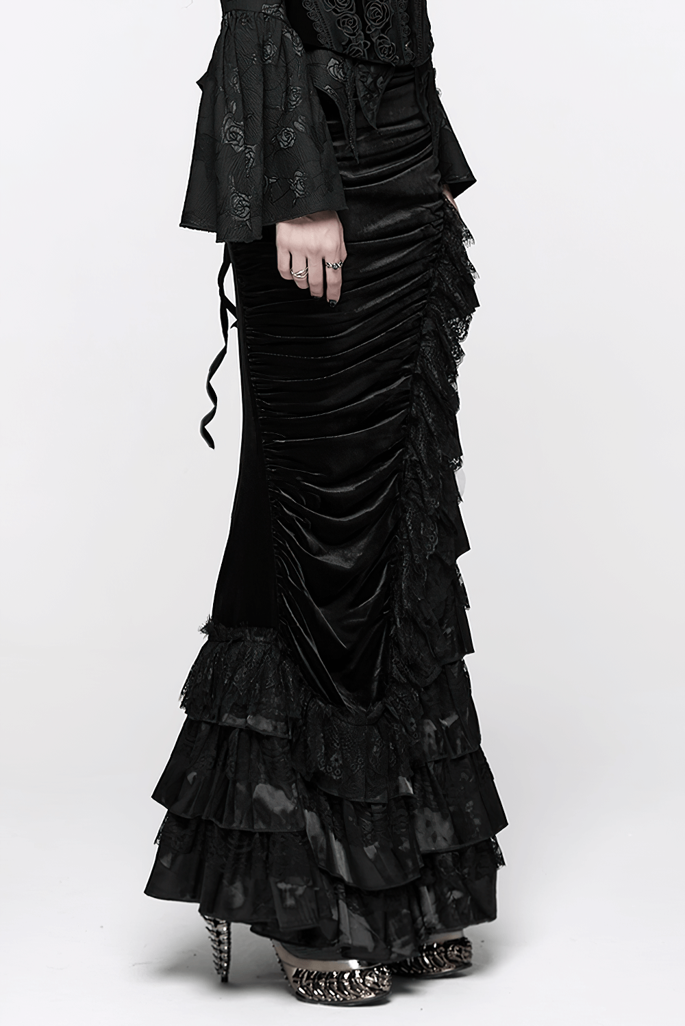 Gothic Black Velvet and Lace Tiered Ruffle Skirt
