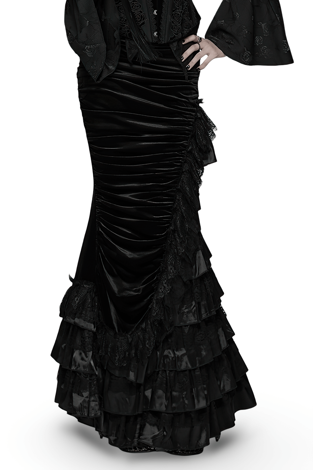 Gothic Black Velvet and Lace Tiered Ruffle Skirt