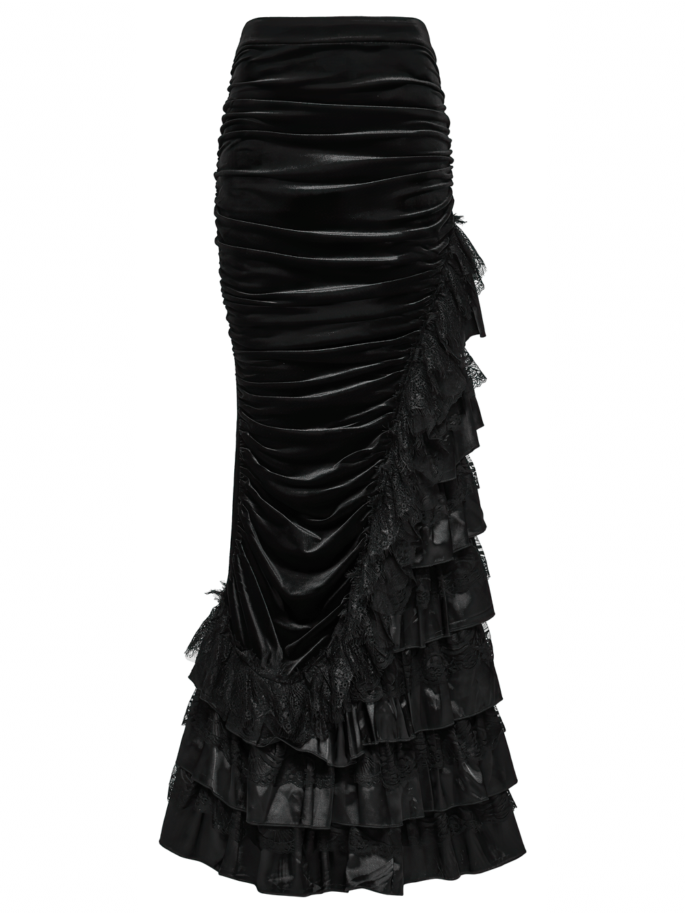 Gothic Black Velvet and Lace Tiered Ruffle Skirt