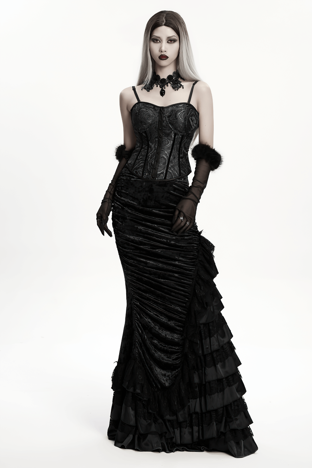 Gothic Black Velvet and Lace Tiered Ruffle Skirt