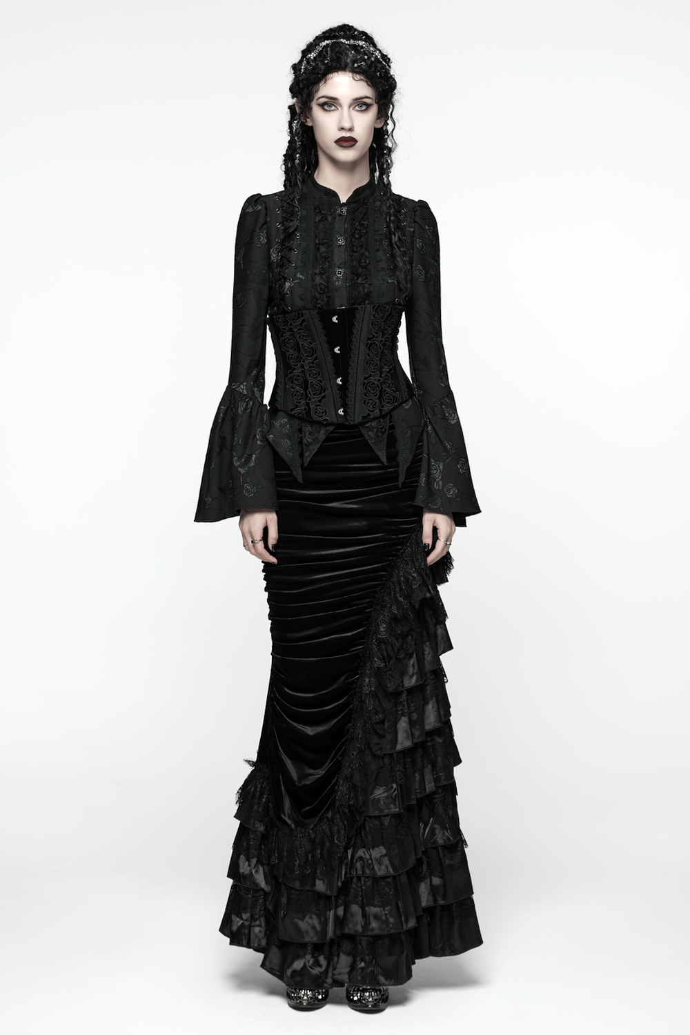 Gothic Black Velvet and Lace Tiered Ruffle Skirt
