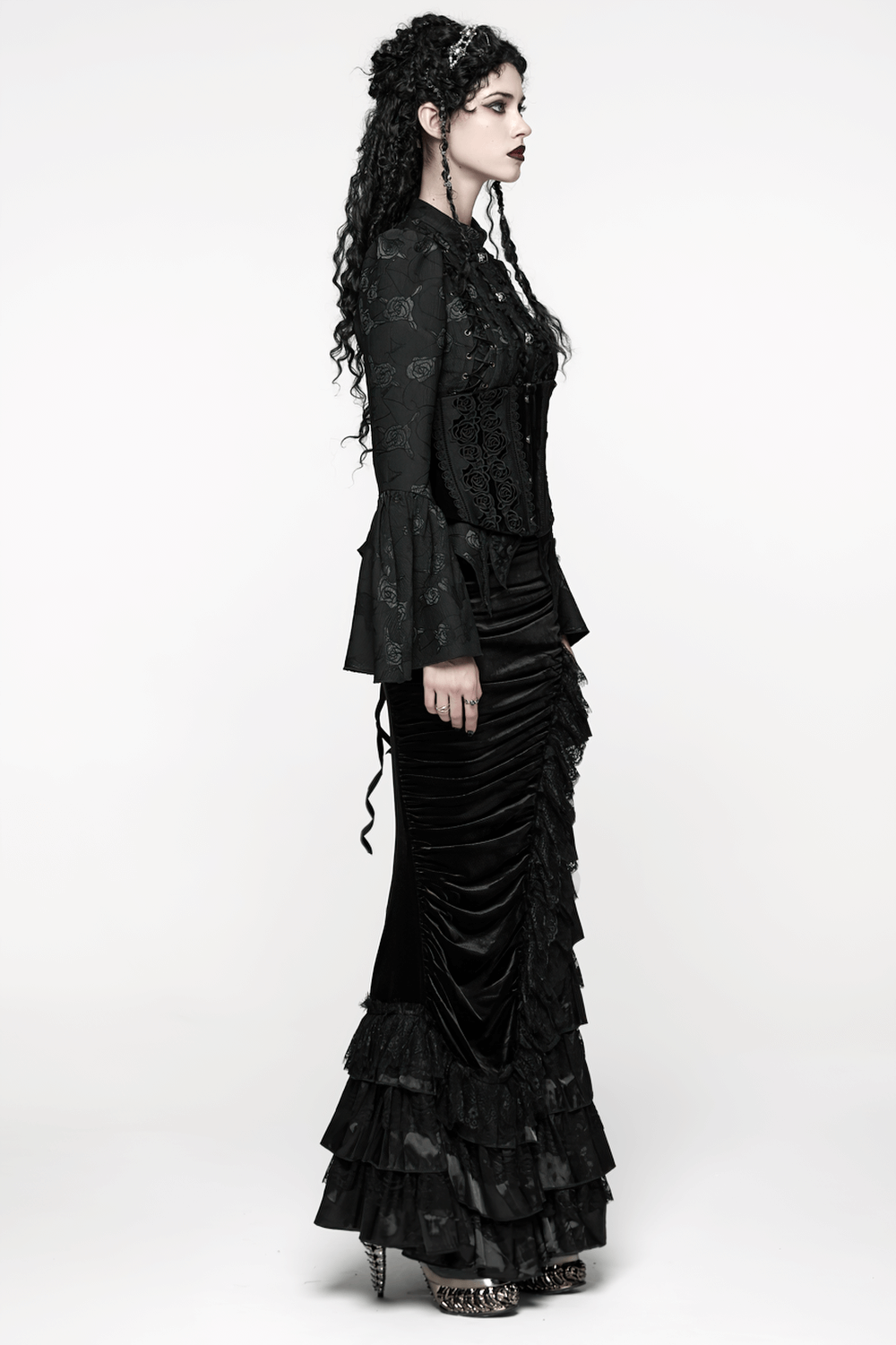 Gothic Black Velvet and Lace Tiered Ruffle Skirt