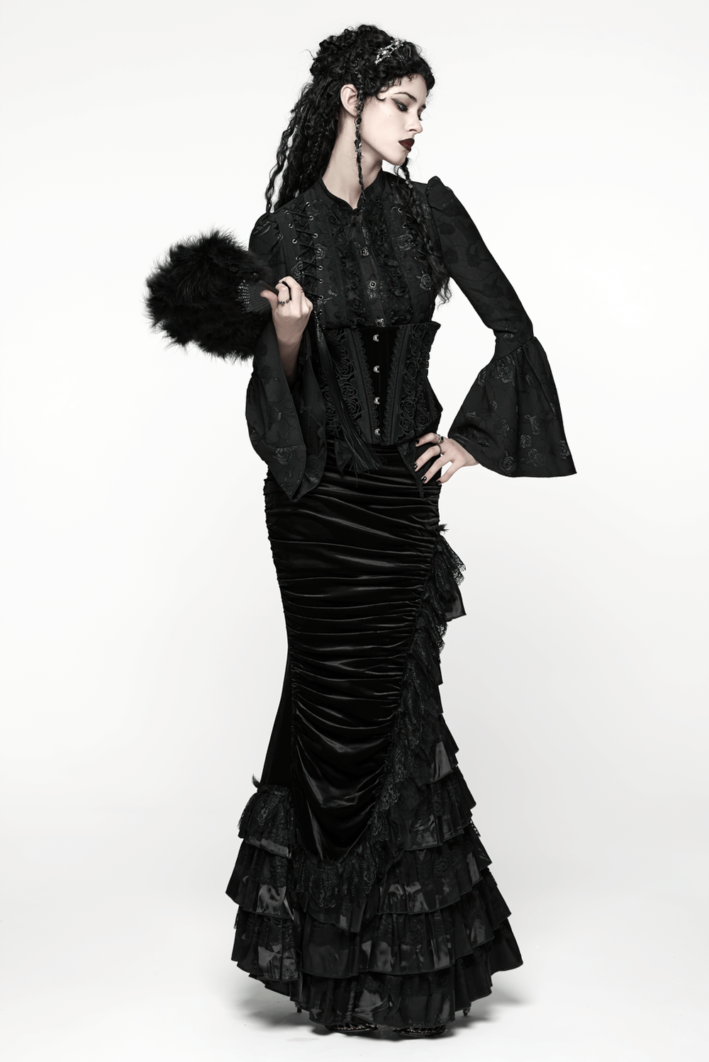 Gothic Black Velvet and Lace Tiered Ruffle Skirt