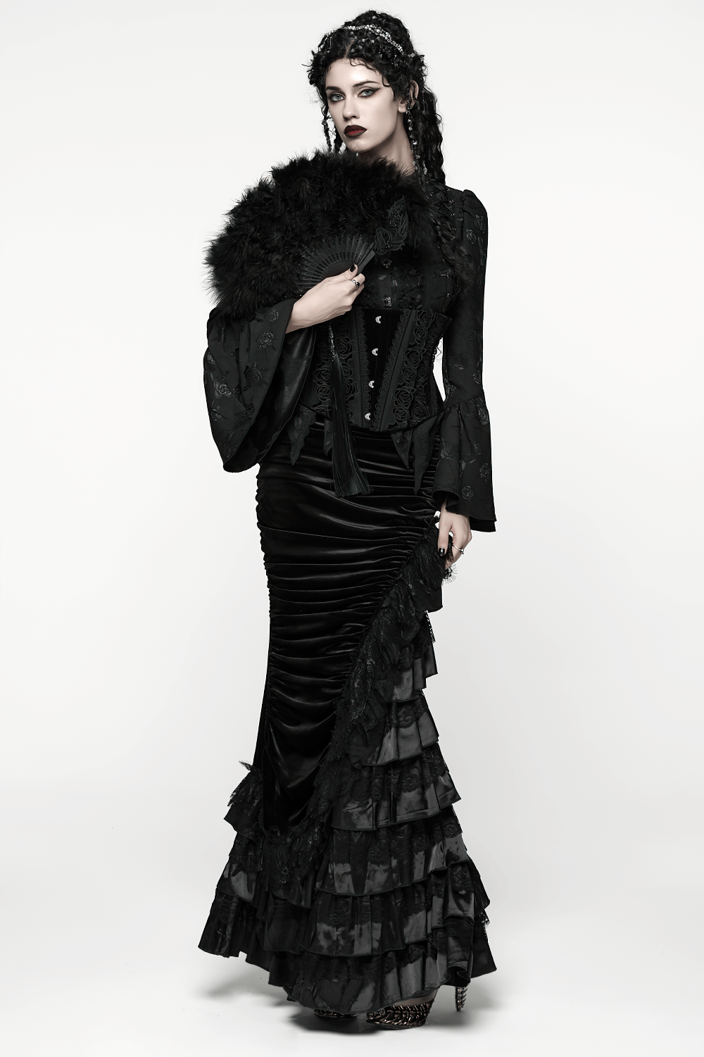 Gothic Black Velvet and Lace Tiered Ruffle Skirt