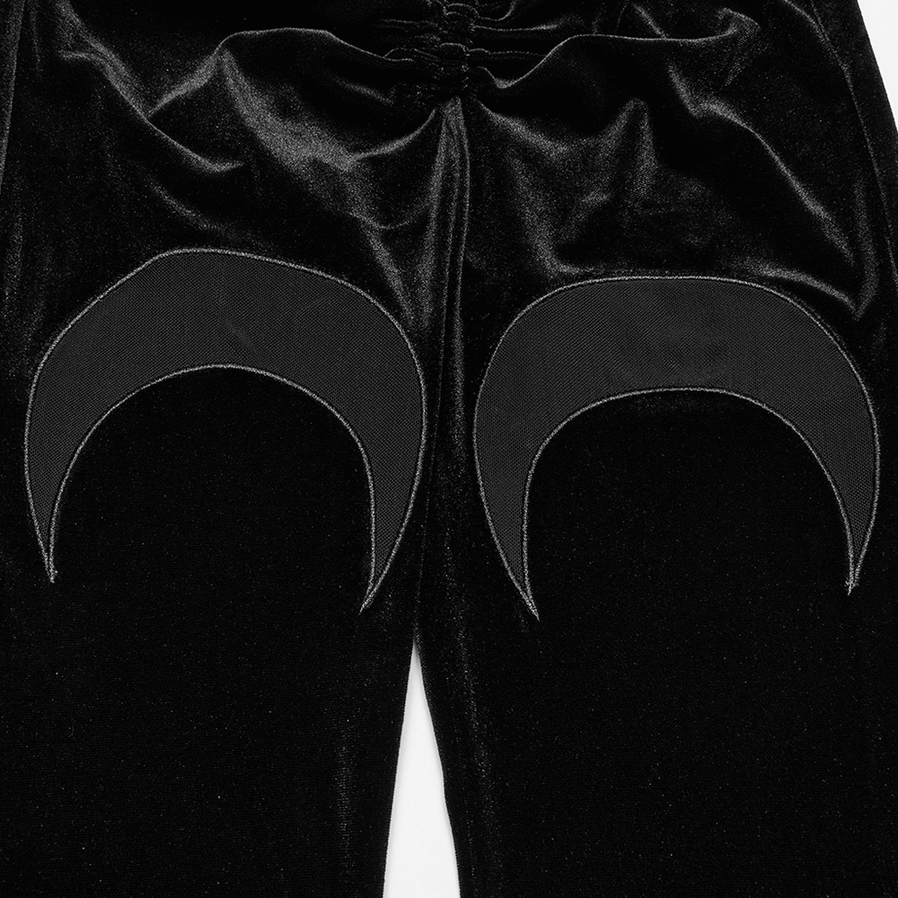 Gothic Black Velvet Flared Pants with Mesh Cutouts
