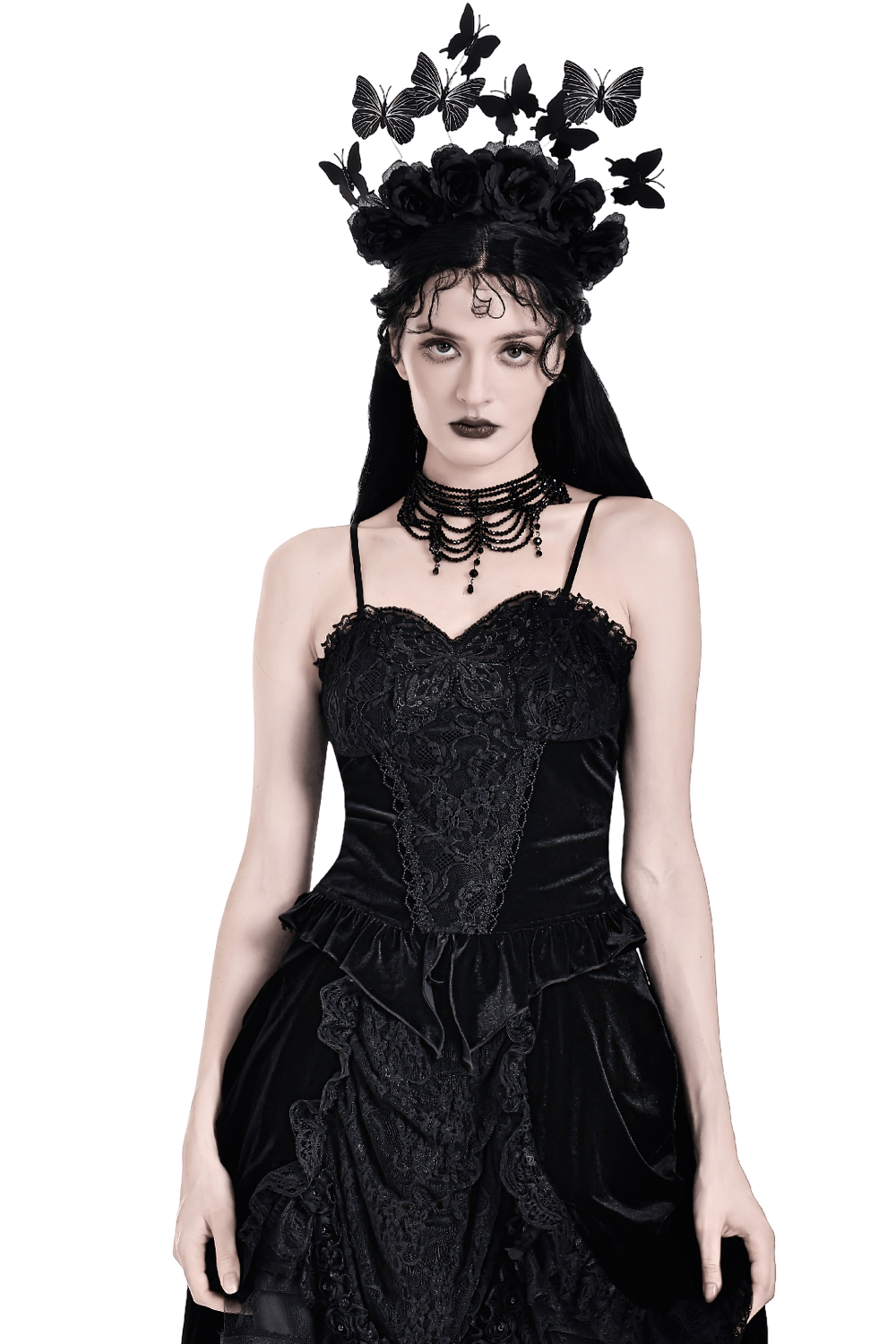Gothic Black Velvet Lace Corset Camisole with Ruffles