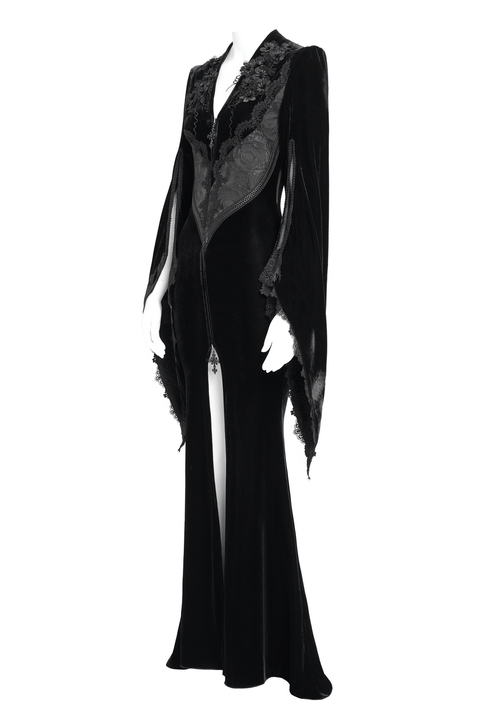 Gothic Black Velvet Long Dress with Lace and Zipper