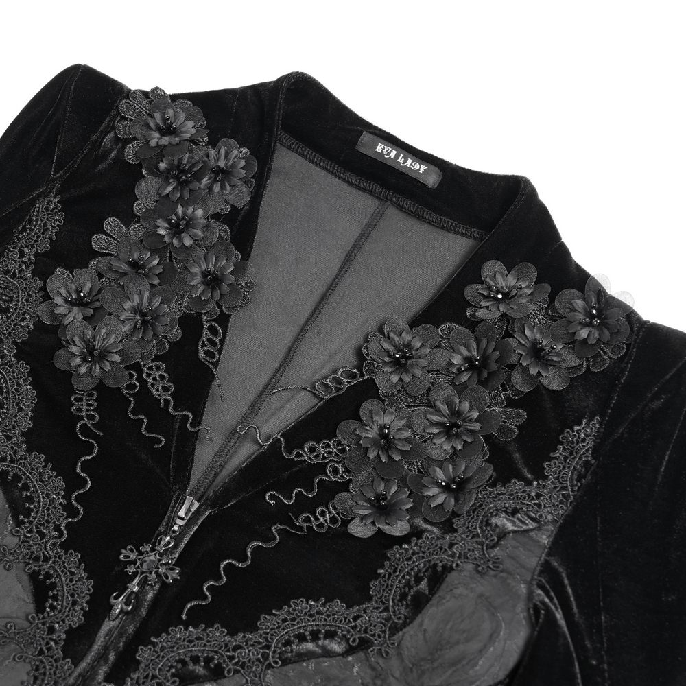 Gothic Black Velvet Long Dress with Lace and Zipper