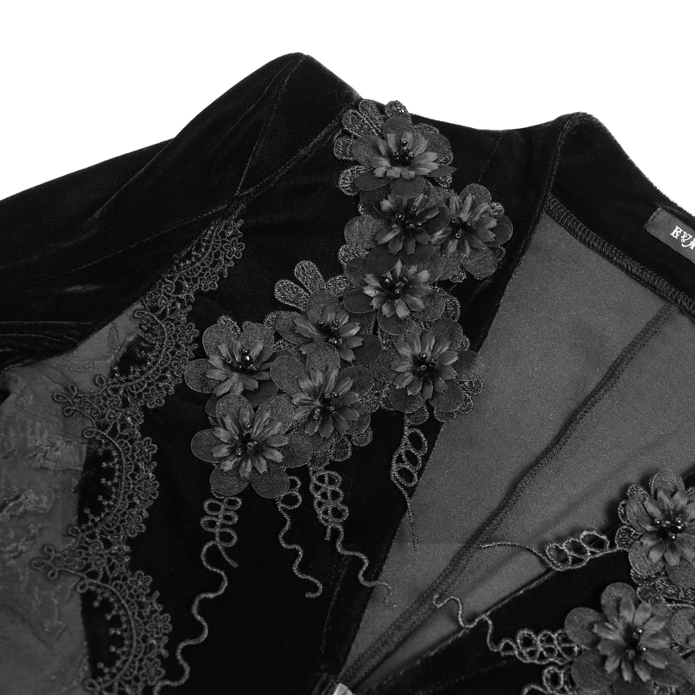 Gothic Black Velvet Long Dress with Lace and Zipper