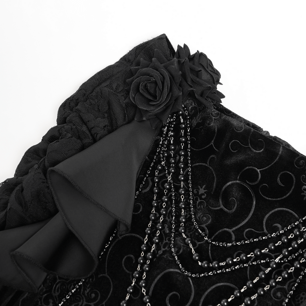 Gothic Black Velvet Maxi Skirt with Ruffles and Chains