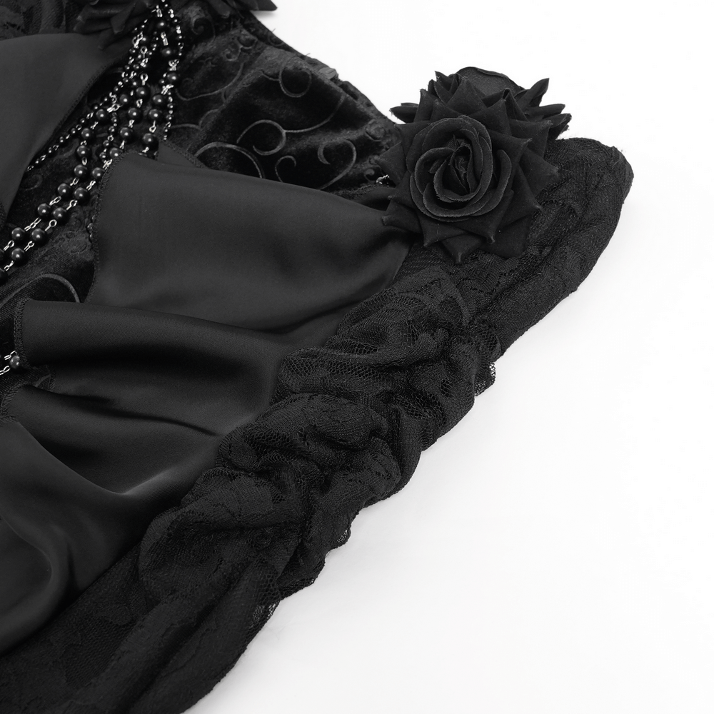 Gothic Black Velvet Maxi Skirt with Ruffles and Chains