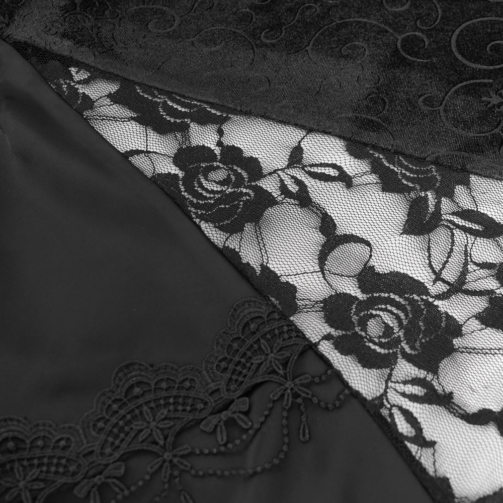 Gothic Black Velvet Maxi Skirt with Ruffles and Chains