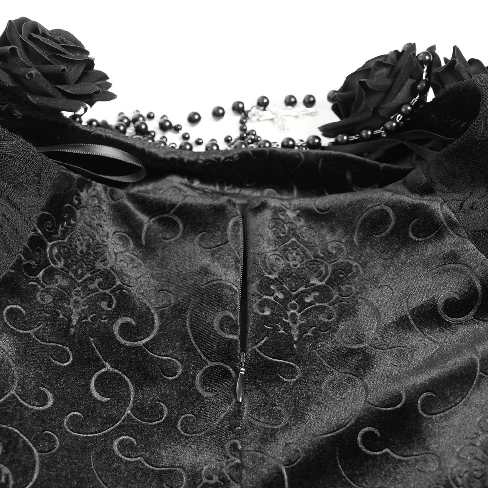 Gothic Black Velvet Maxi Skirt with Ruffles and Chains