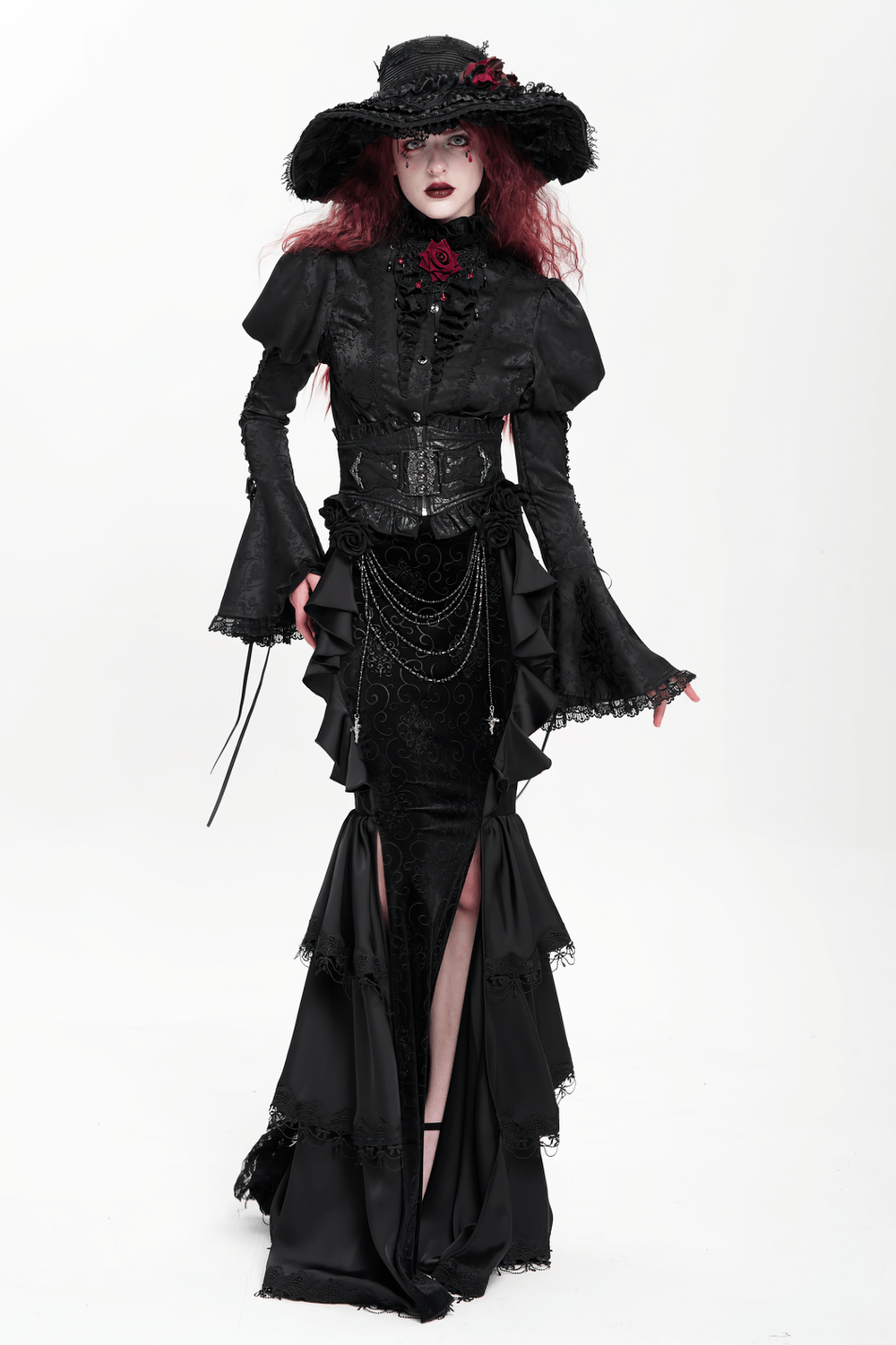 Gothic Black Velvet Maxi Skirt with Ruffles and Chains