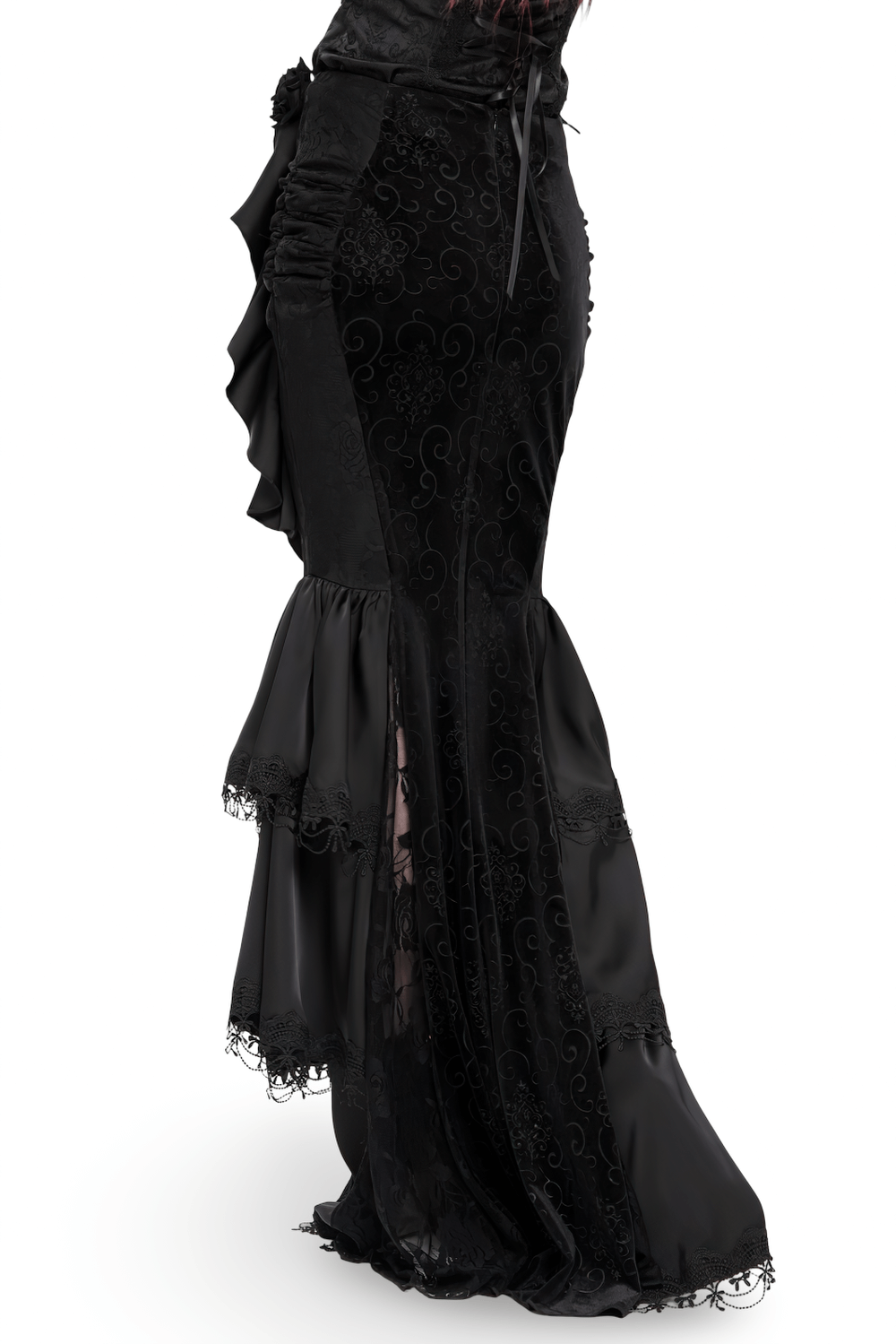 Gothic Black Velvet Maxi Skirt with Ruffles and Chains