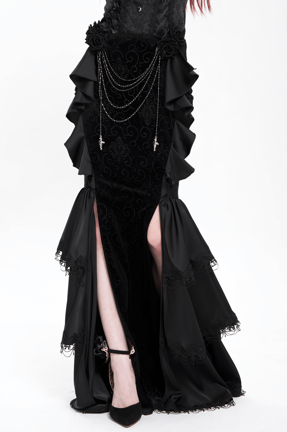 Gothic Black Velvet Maxi Skirt with Ruffles and Chains