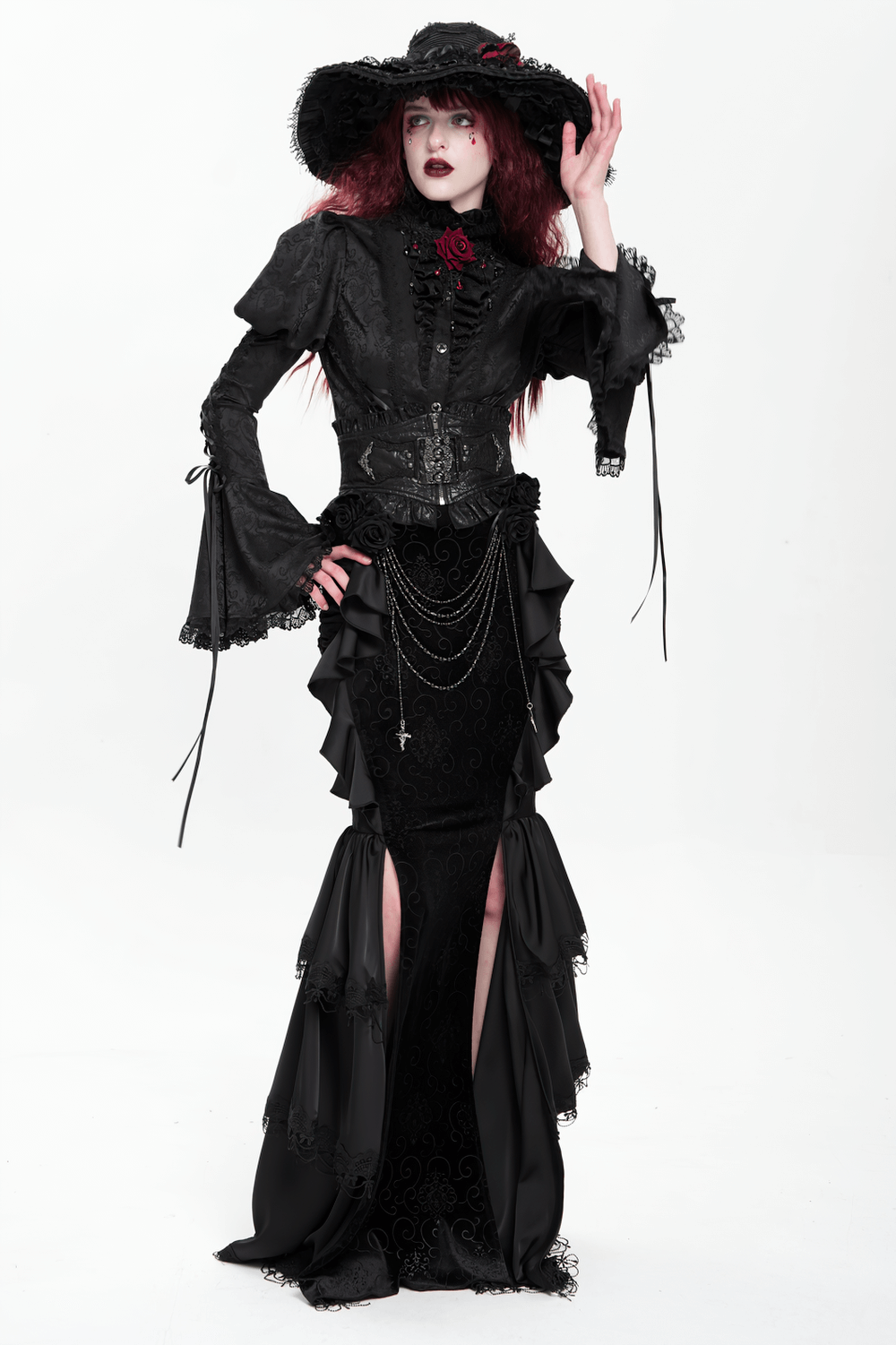 Gothic Black Velvet Maxi Skirt with Ruffles and Chains