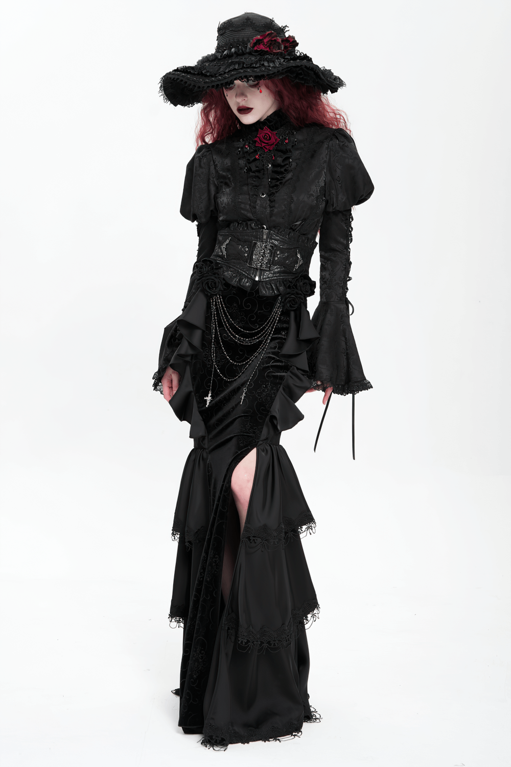 Gothic Black Velvet Maxi Skirt with Ruffles and Chains